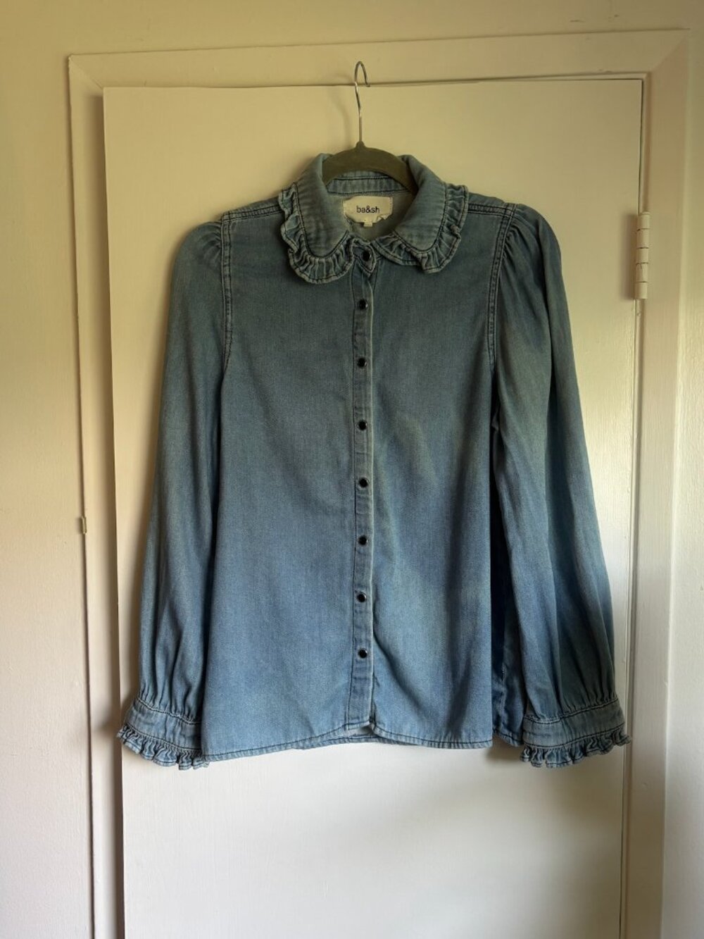 ba&sh Lilas Frilled-Edge Ruffled Blue Denim Shirt